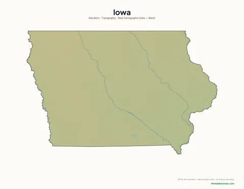 Iowa blank physical map — same topographic relief, no labels, for label-it-yourself geography exercises
