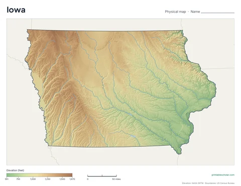 Iowa blank physical map: the same terrain with no labels, for labeling practice