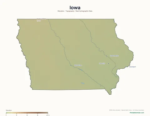 Iowa physical map labeled — showing the Loess Hills along the Missouri, the Driftless Area, and the broad Prairie Pothole region, with peak elevations and major cities marked