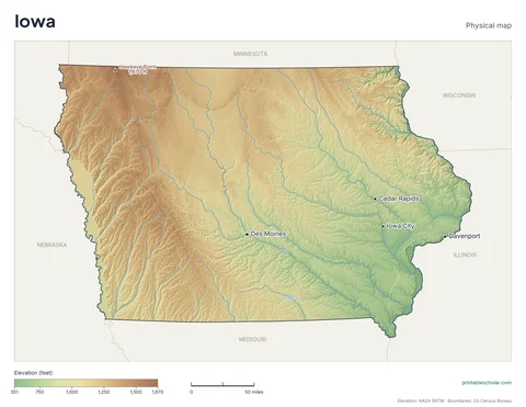 Iowa physical map, labeled: the Loess Hills along the Missouri, the Driftless Area, and the broad Prairie Pothole region, with the capital, cities and highest point marked