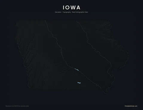 Iowa topographic relief poster — high-contrast monochrome rendering of the Loess Hills along the Missouri, the Driftless Area, and the broad Prairie Pothole region