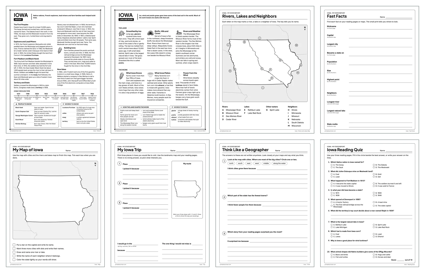 Eight pages from the Iowa State Report Kit: History, Land and Work, the rivers and lakes map, Fast Facts, My Map, My Trip, Think Like a Geographer and the reading quiz