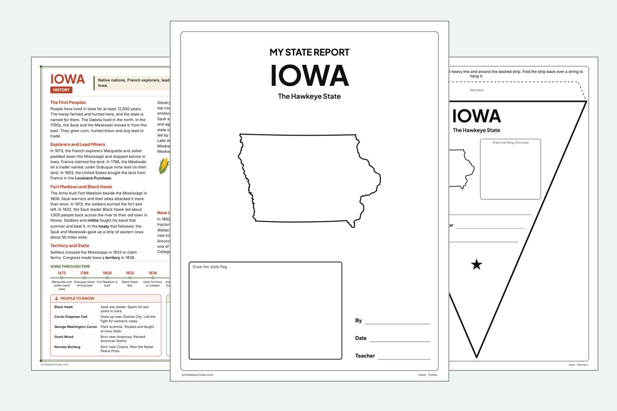 Iowa State Report Kit: the report booklet cover, the history reading page and the pennant