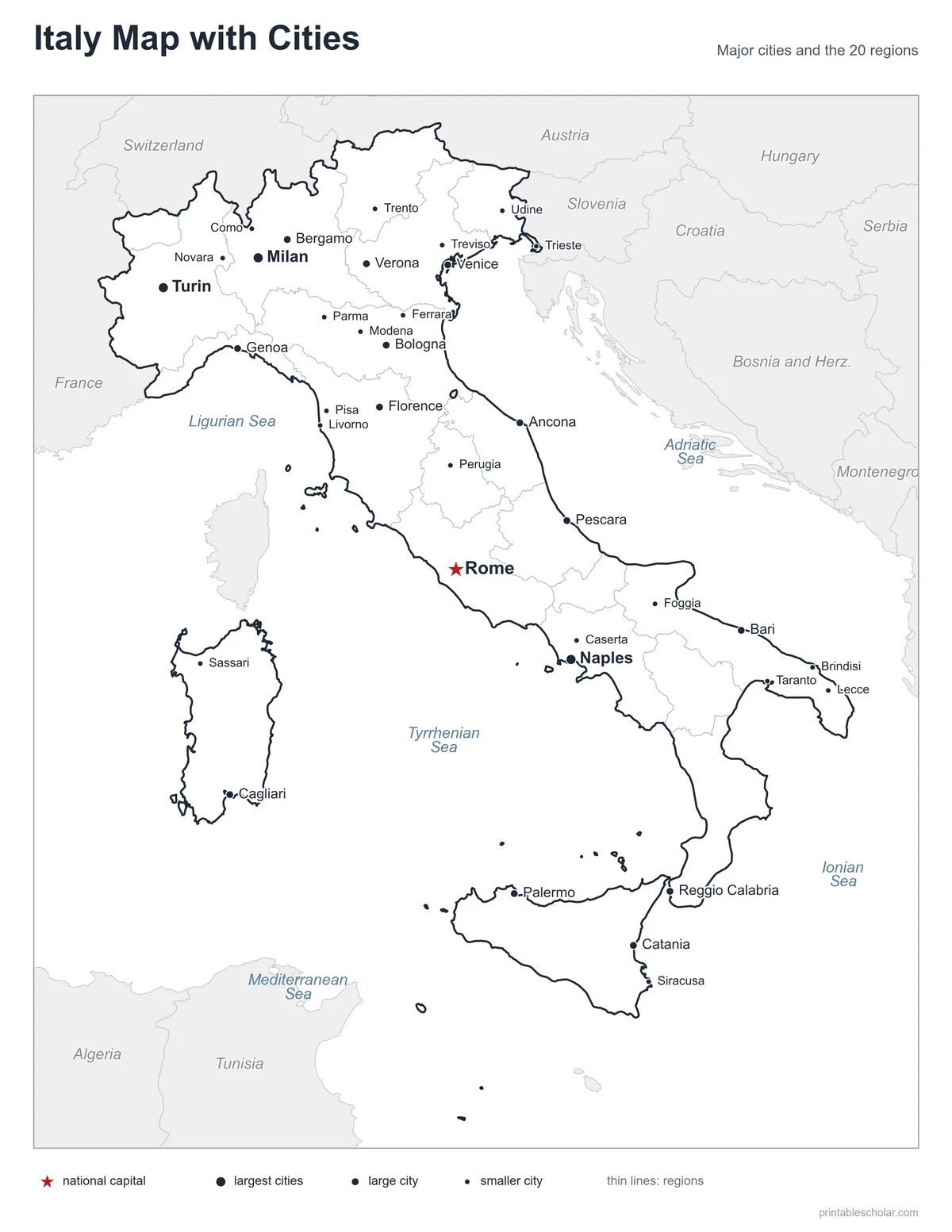 Italy Map with Cities, labeled