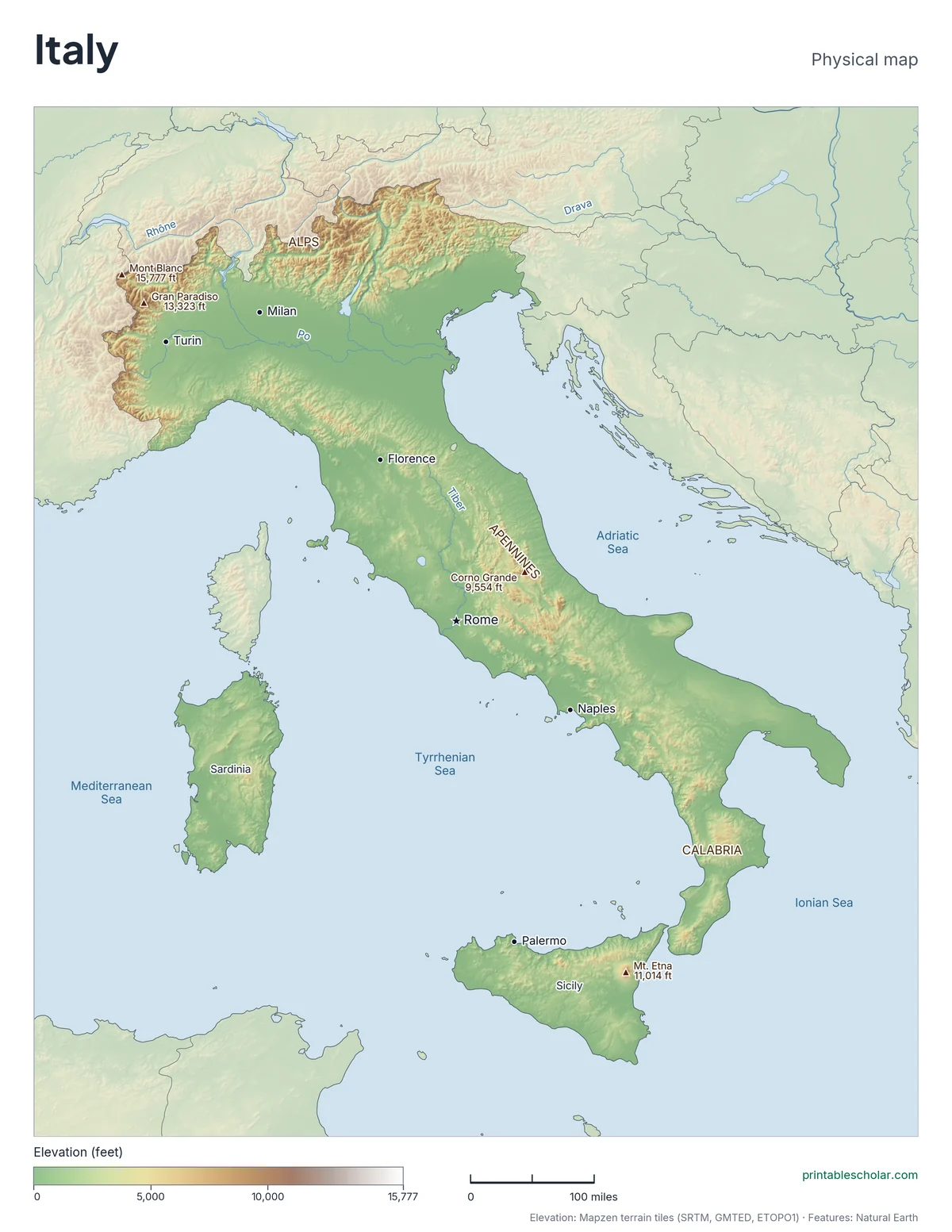 Physical map of Italy with mountain ranges, deserts, rivers and highest peaks labeled