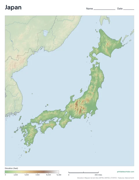 Japan physical map, blank, for labeling practice