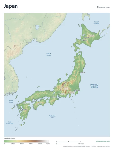 Japan physical map, labeled
