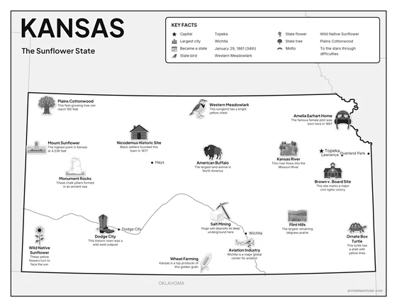 Black and white illustrated map of Kansas