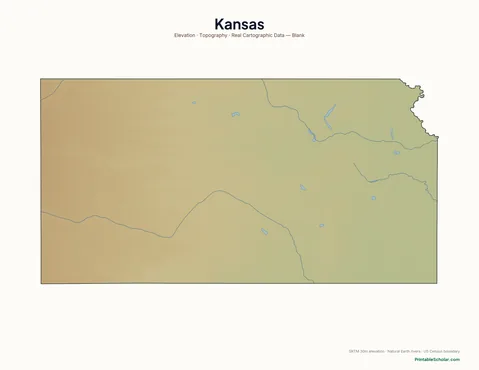 Kansas blank physical map — same topographic relief, no labels, for label-it-yourself geography exercises