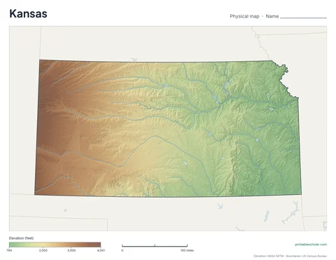 Kansas blank physical map: the same terrain with no labels, for labeling practice