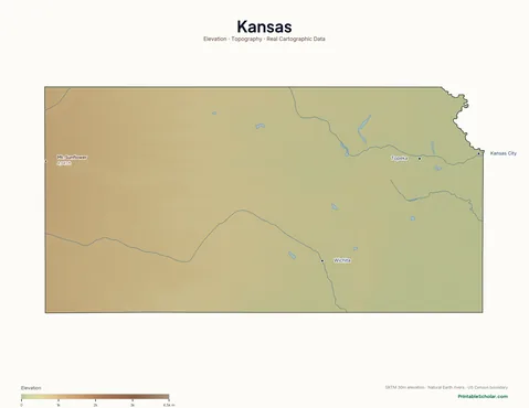 Kansas physical map labeled — showing the Flint Hills, the High Plains, and the Smoky Hills, with peak elevations and major cities marked