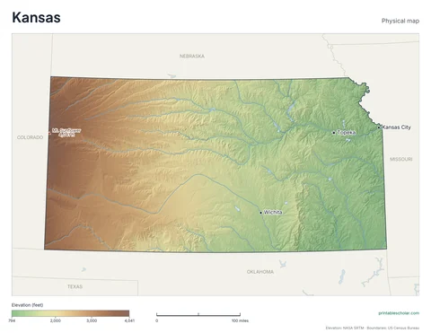 Kansas physical map, labeled: the Flint Hills, the High Plains, and the Smoky Hills, with the capital, cities and highest point marked