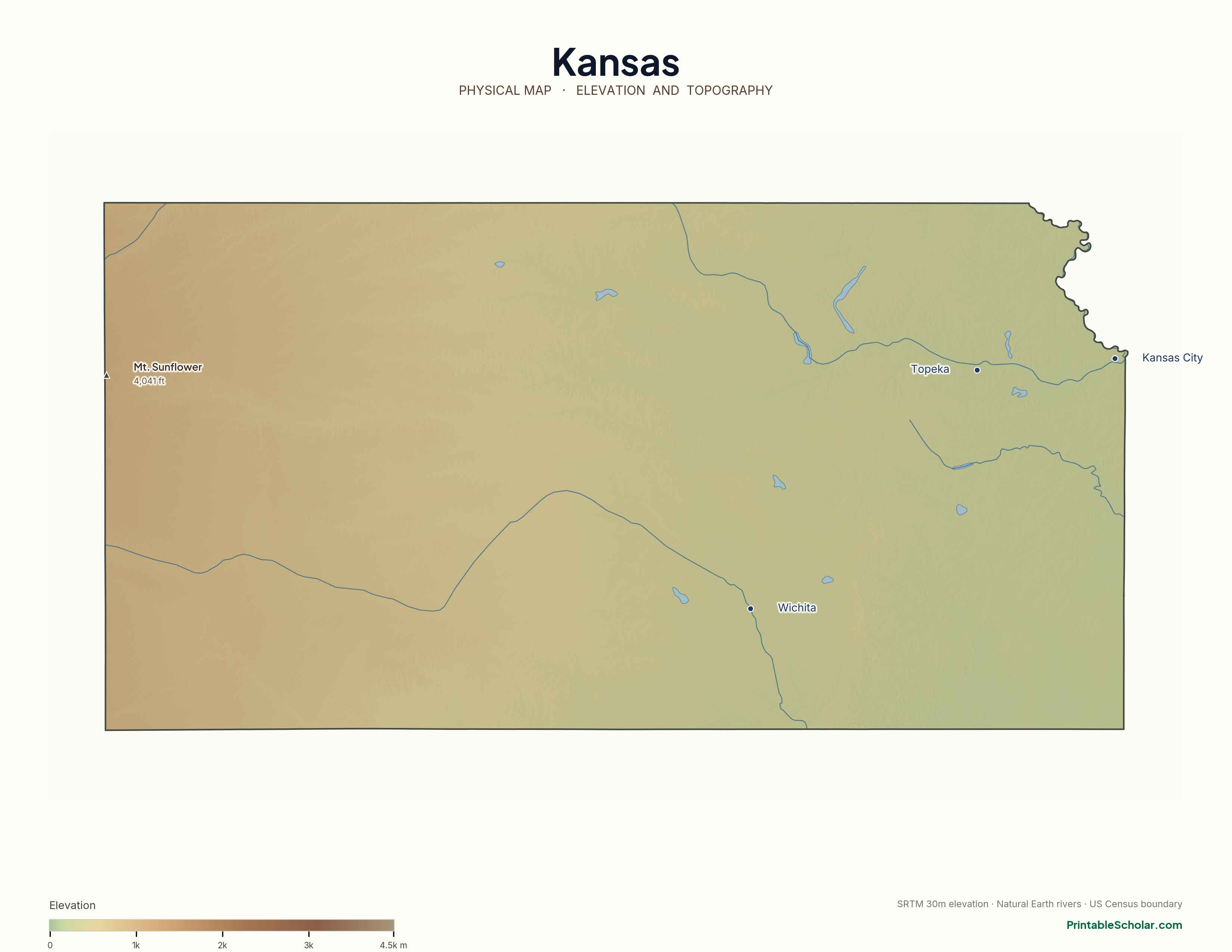 Kansas physical map with labeled peaks, cities, and rivers