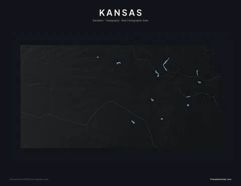 Kansas topographic relief poster — high-contrast monochrome rendering of the Flint Hills, the High Plains, and the Smoky Hills