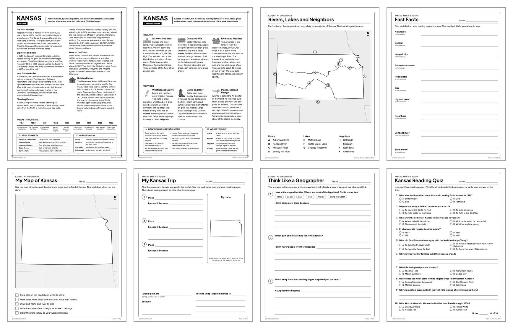 Eight pages from the Kansas State Report Kit: History, Land and Work, the rivers and lakes map, Fast Facts, My Map, My Trip, Think Like a Geographer and the reading quiz