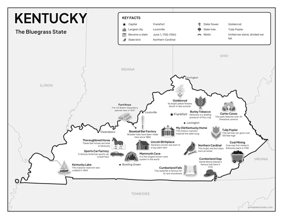 Black and white illustrated map of Kentucky