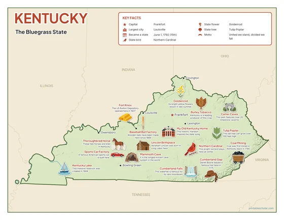 Illustrated map of Kentucky in color