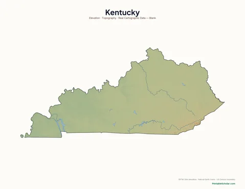 Kentucky blank physical map — same topographic relief, no labels, for label-it-yourself geography exercises