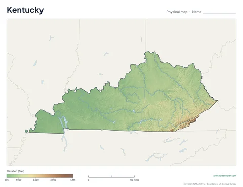 Kentucky blank physical map: the same terrain with no labels, for labeling practice
