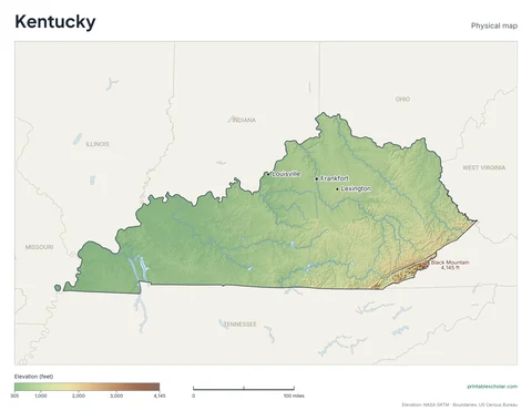 Kentucky physical map, labeled: the Cumberland Mountains, the Bluegrass region, and the Mississippi Plateau, with the capital, cities and highest point marked