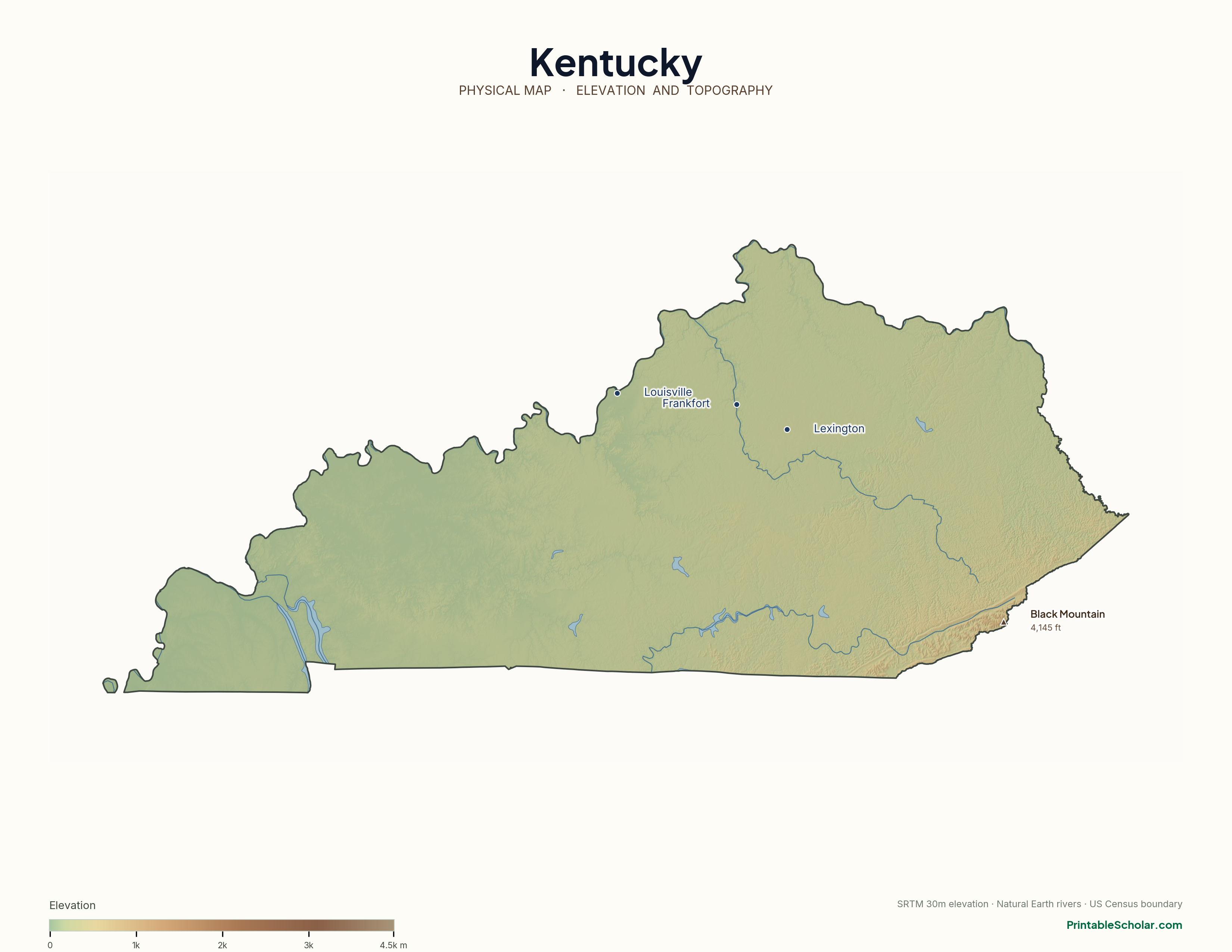 Kentucky physical map with labeled peaks, cities, and rivers