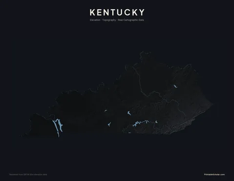 Kentucky topographic relief poster — high-contrast monochrome rendering of the Cumberland Mountains, the Bluegrass region, and the Mississippi Plateau