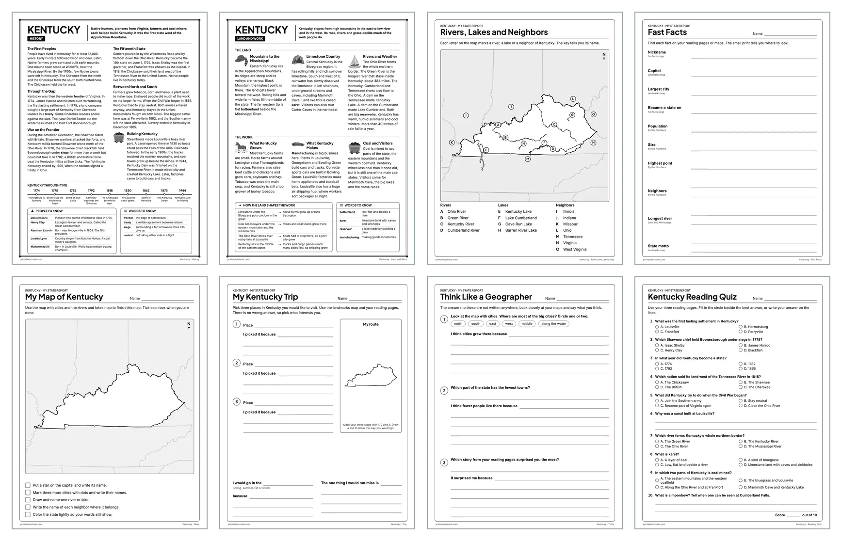 Eight pages from the Kentucky State Report Kit: History, Land and Work, the rivers and lakes map, Fast Facts, My Map, My Trip, Think Like a Geographer and the reading quiz