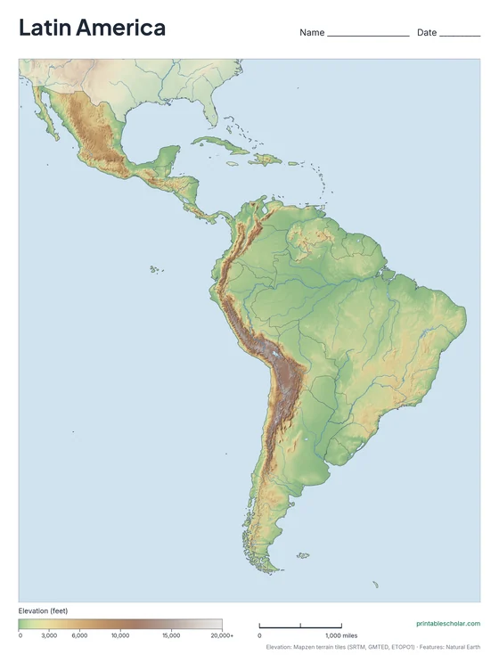 Latin America map: physical, blank