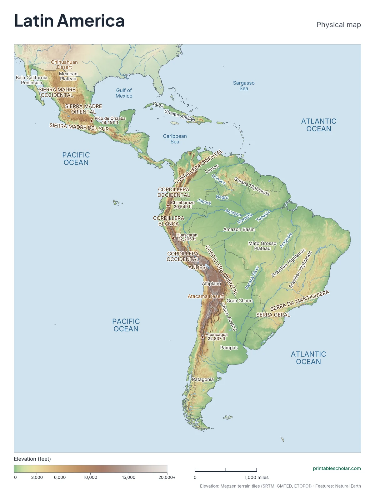 Physical map of Latin America with mountains, rivers and seas labeled