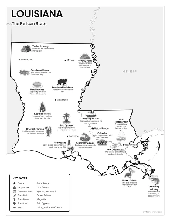 Black and white illustrated map of Louisiana