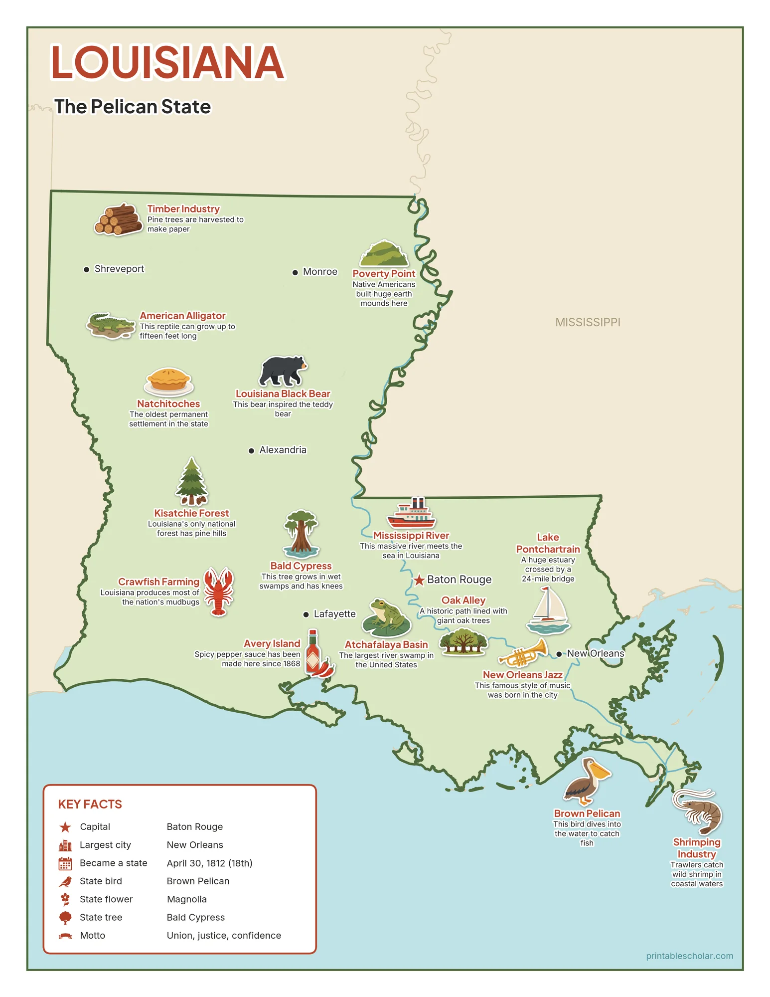 Illustrated map of Louisiana with landmarks, industries and state symbols