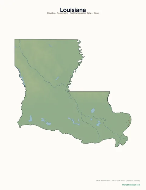 Louisiana blank physical map — same topographic relief, no labels, for label-it-yourself geography exercises