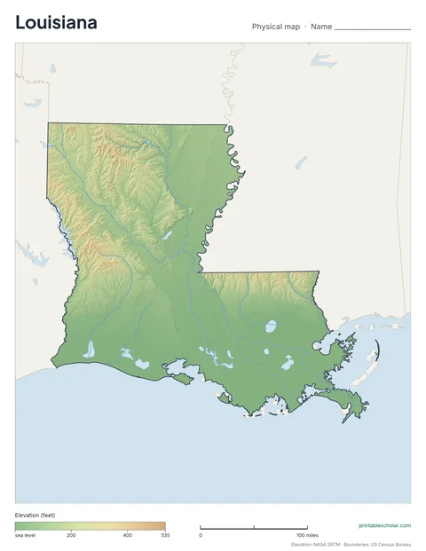 Louisiana blank physical map: the same terrain with no labels, for labeling practice