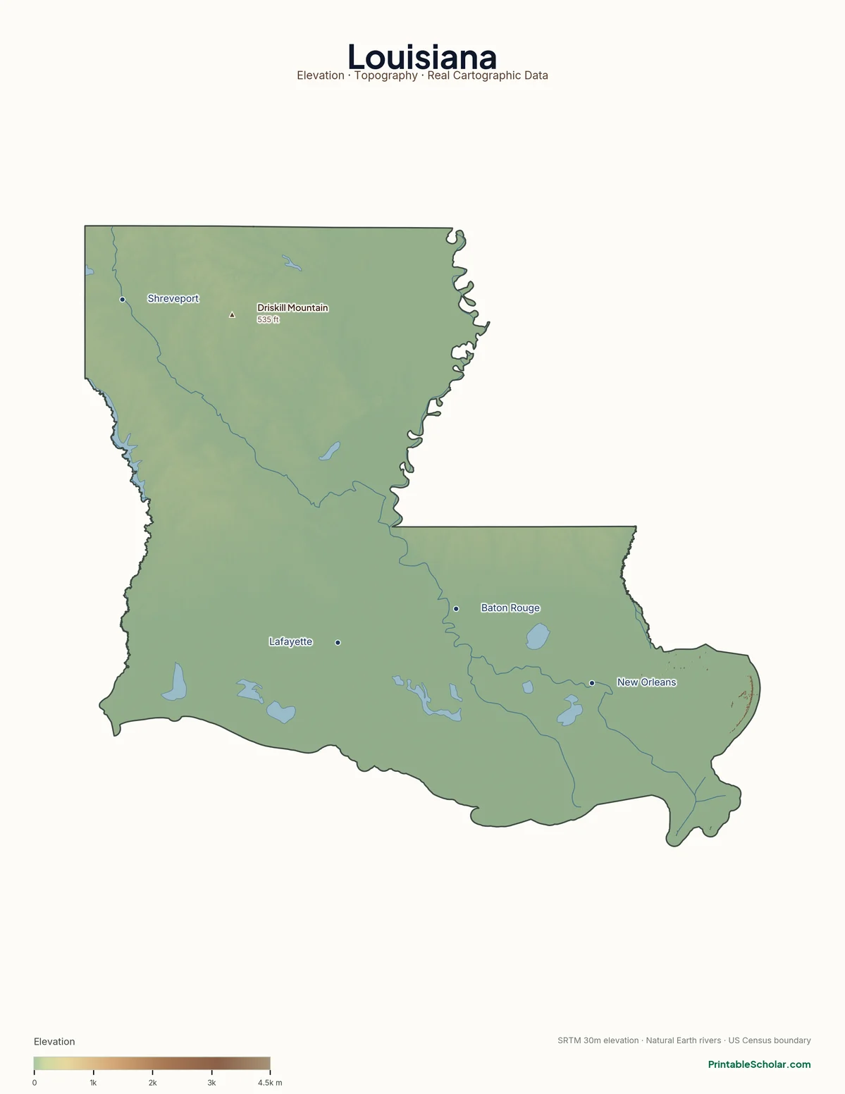 Louisiana physical map showing the Mississippi River delta, the bayou country, and the Gulf Coastal Plain, with major peaks and cities labeled. Topographic relief from NASA SRTM elevation data.