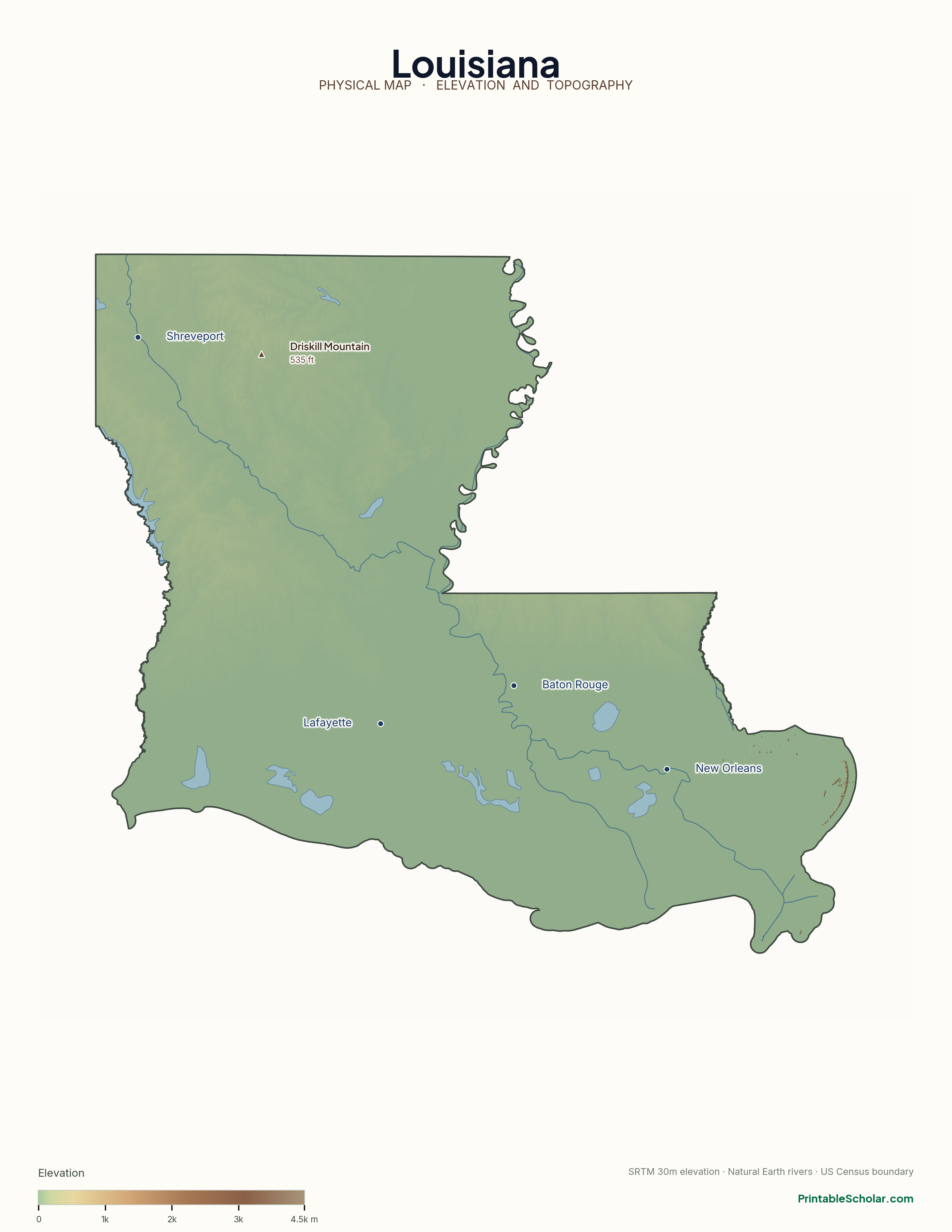 Louisiana physical map with labeled peaks, cities, and rivers