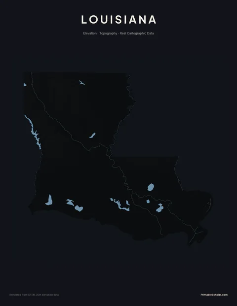 Louisiana topographic relief poster — high-contrast monochrome rendering of the Mississippi River delta, the bayou country, and the Gulf Coastal Plain