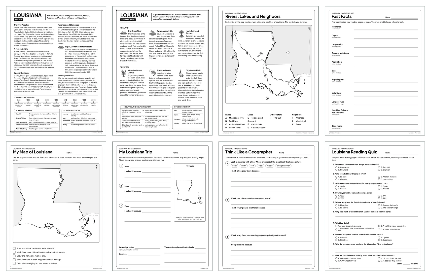 Eight pages from the Louisiana State Report Kit: History, Land and Work, the rivers and lakes map, Fast Facts, My Map, My Trip, Think Like a Geographer and the reading quiz