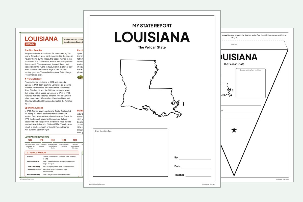 Louisiana State Report Kit: the report booklet cover, the history reading page and the pennant