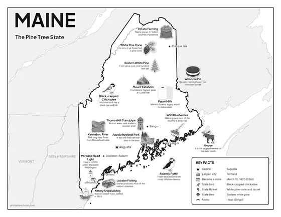 Black and white illustrated map of Maine