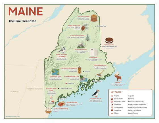Illustrated map of Maine in color