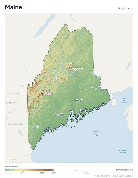 Maine physical map, labeled: the White Mountains foothills, the Longfellow Mountains, and the rugged Atlantic coast, with the capital, cities and highest point marked