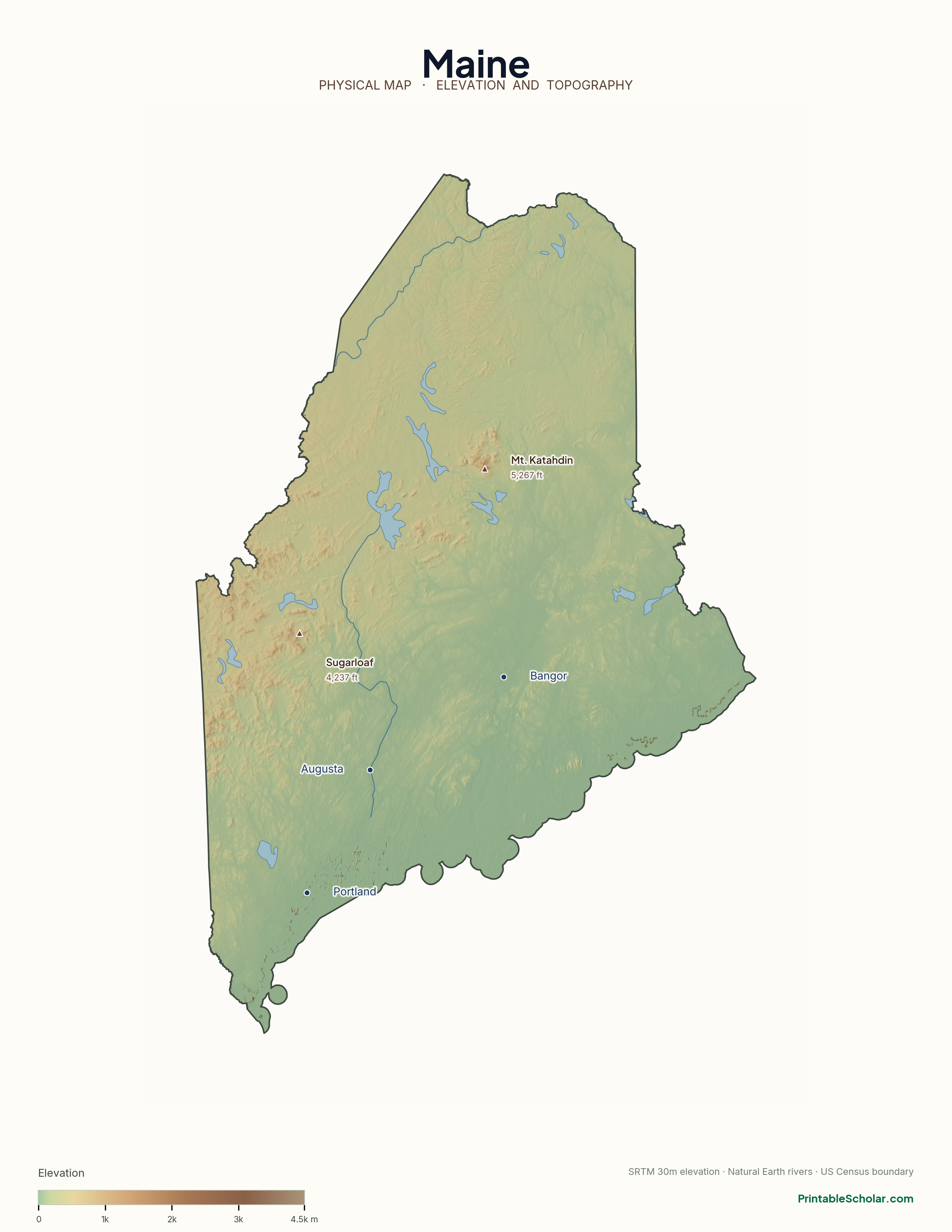 Maine physical map with labeled peaks, cities, and rivers