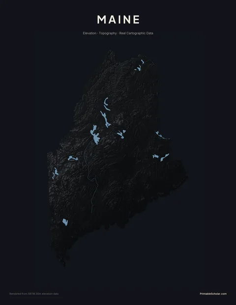 Maine topographic relief poster — high-contrast monochrome rendering of the White Mountains foothills, the Longfellow Mountains, and the rugged Atlantic coast