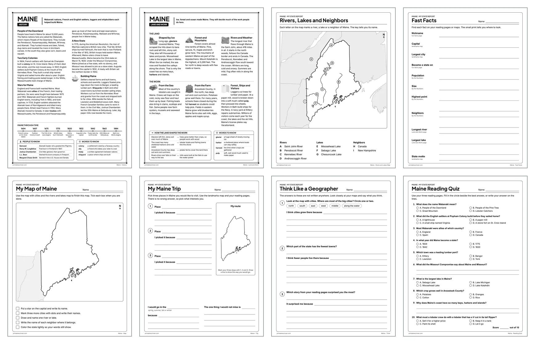 Eight pages from the Maine State Report Kit: History, Land and Work, the rivers and lakes map, Fast Facts, My Map, My Trip, Think Like a Geographer and the reading quiz