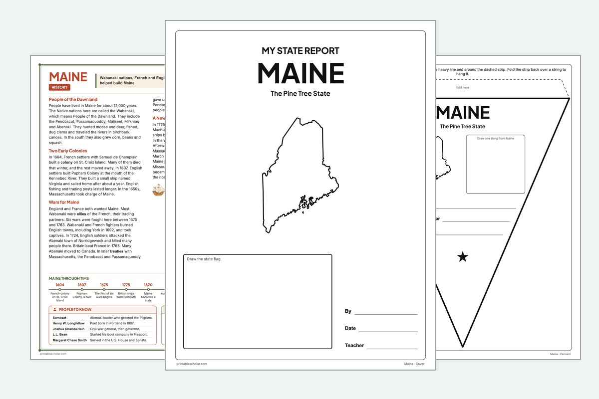 Maine State Report Kit: the report booklet cover, the history reading page and the pennant