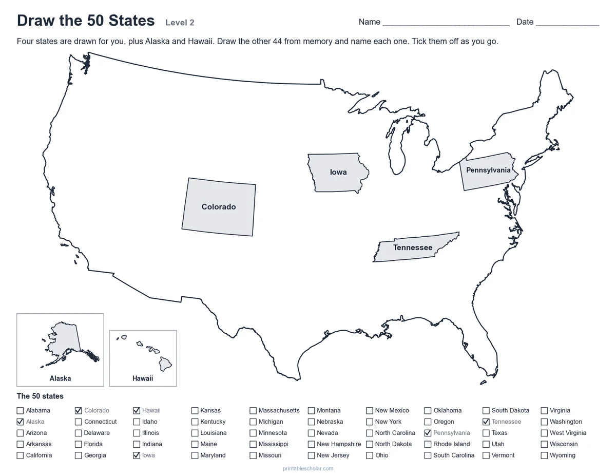 Draw the 50 States worksheet: the outline of the United States with four states drawn and a checklist of all 50