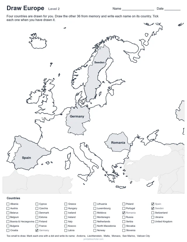 Draw Europe from memory worksheet