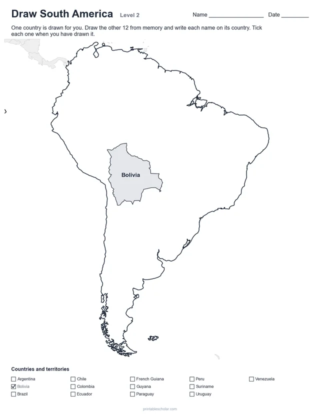 Draw South America from memory worksheet