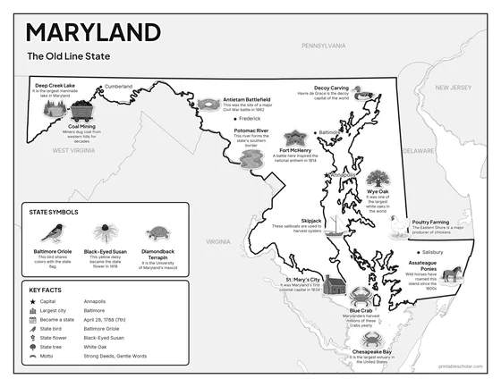 Black and white illustrated map of Maryland