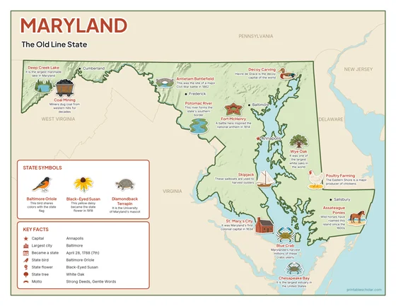 Illustrated map of Maryland in color
